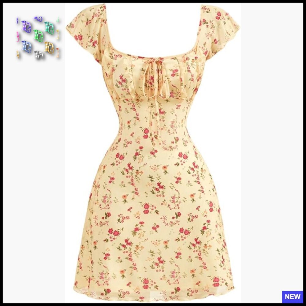 Vintage Floral Mini Dress Boho Chic Summer Cap Sleeve Going Out Beach